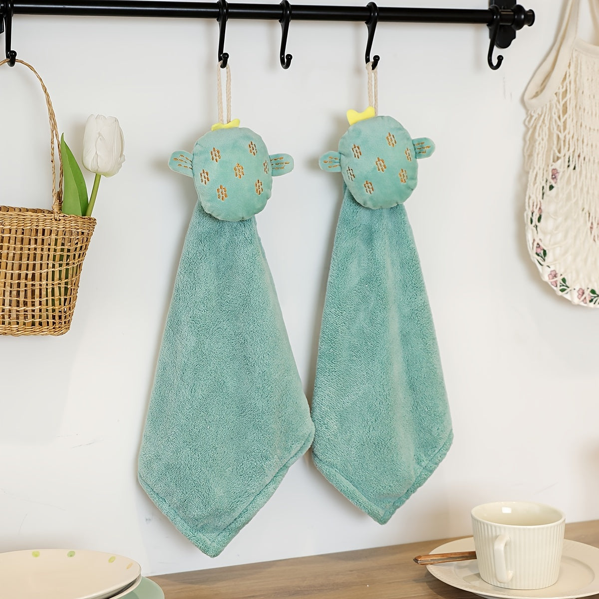 Coral Fleece Cactus Hand Towel Green Kitchen Absorbent Cloth