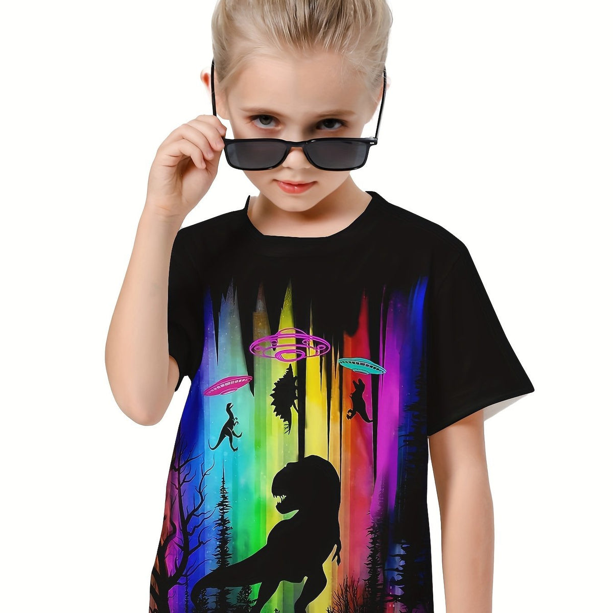 Rainbow Dino Graphic Crew Neck T-shirt Girls Casual Summer Tops