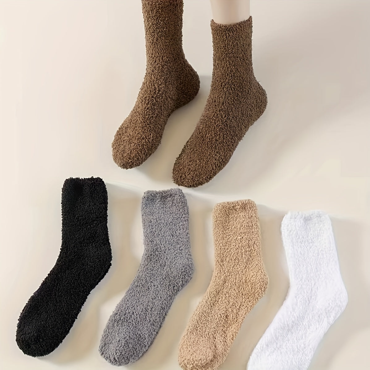 5 Pairs Men's Solid Crew Socks Breathable Plush Comfy Casual Unisex Socks