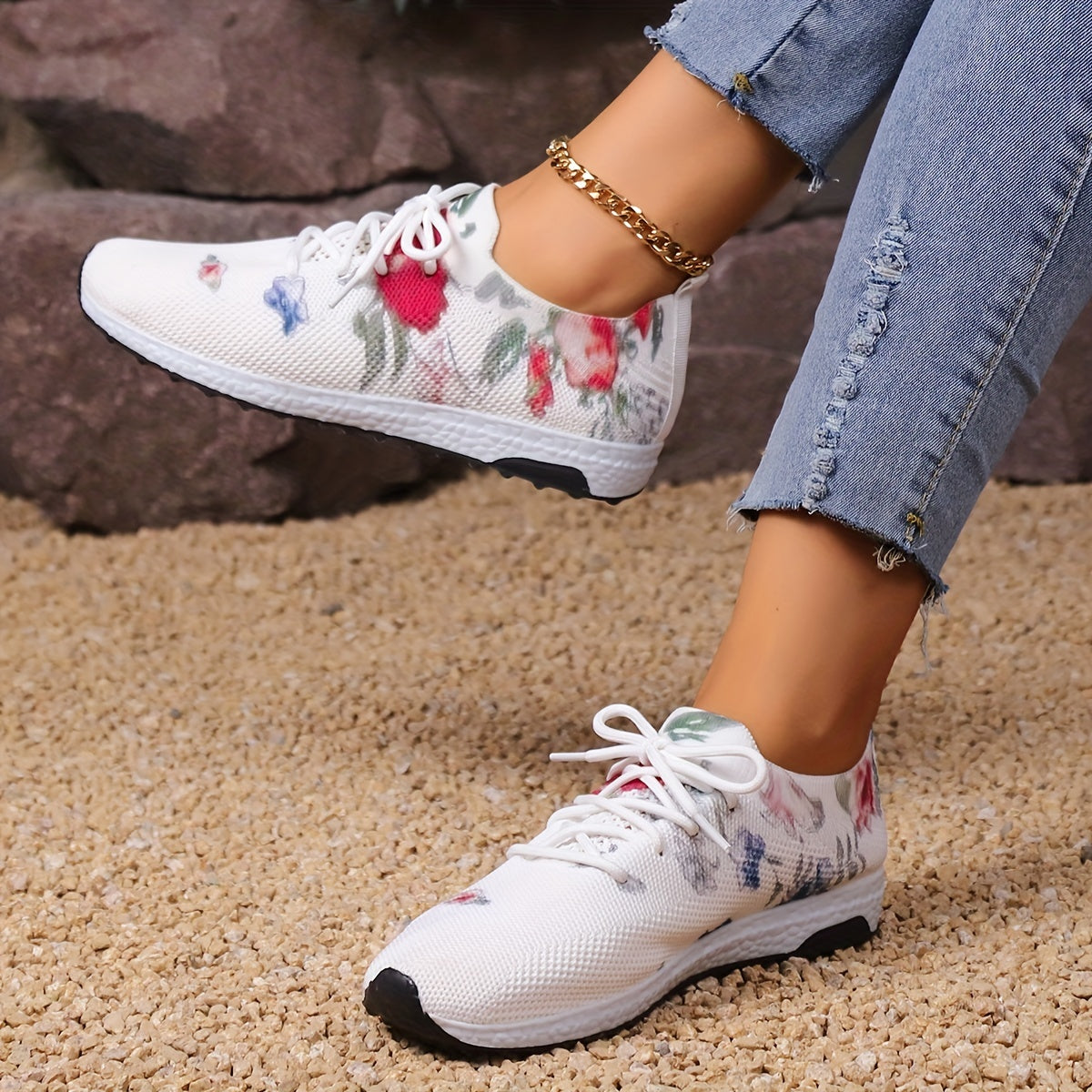 Women's Floral Print Lace Up Sneakers Non slip Walking Shoes