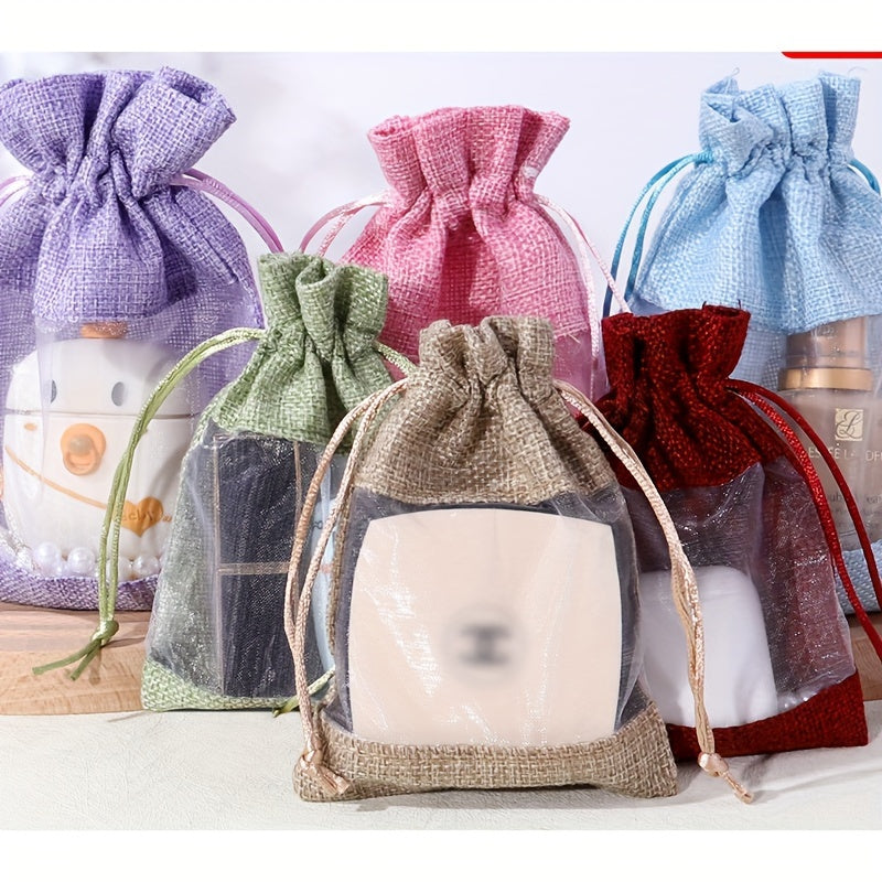 12pcs Makeup Storage Jute Bag Drawstring Gift Bag Linen Bundle Pocket