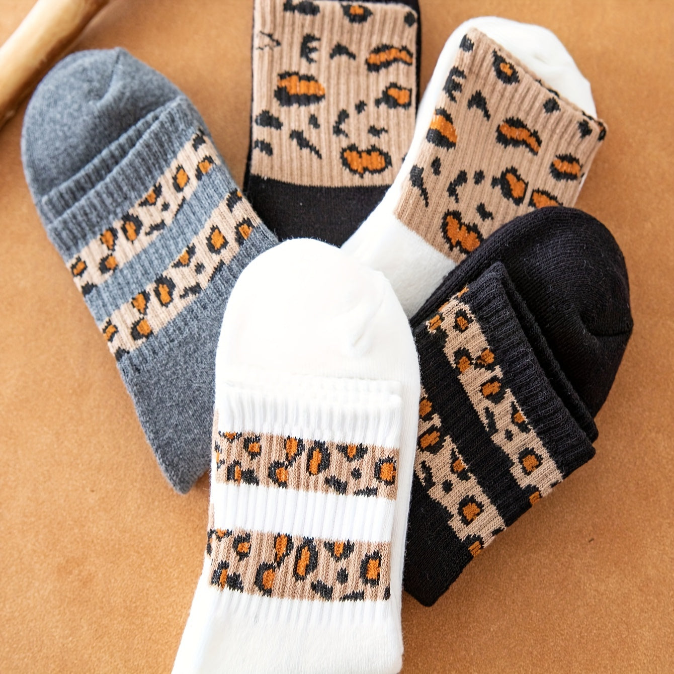 5 Pairs Leopard Print Paneled Socks Soft Mid Tube Stockings & Hosiery
