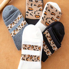 5 Pairs Leopard Print Paneled Socks Soft Mid Tube Stockings & Hosiery