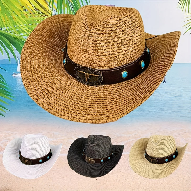 Cattle Head Decor Straw Hat Sunshade for Travel Seaside Unisex