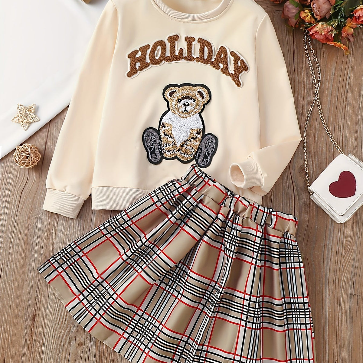 Girls Bear And Letter Patched Sweatshirt Top & Plaid Skirt Set