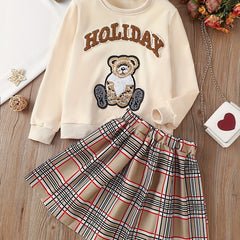 Girls Bear And Letter Patched Sweatshirt Top & Plaid Skirt Set