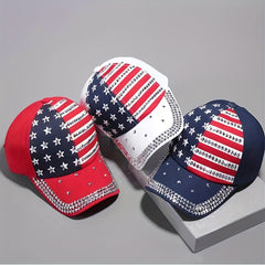 Flag Print Baseball Cap Rhinestone Decor Adjustable Dad Hat