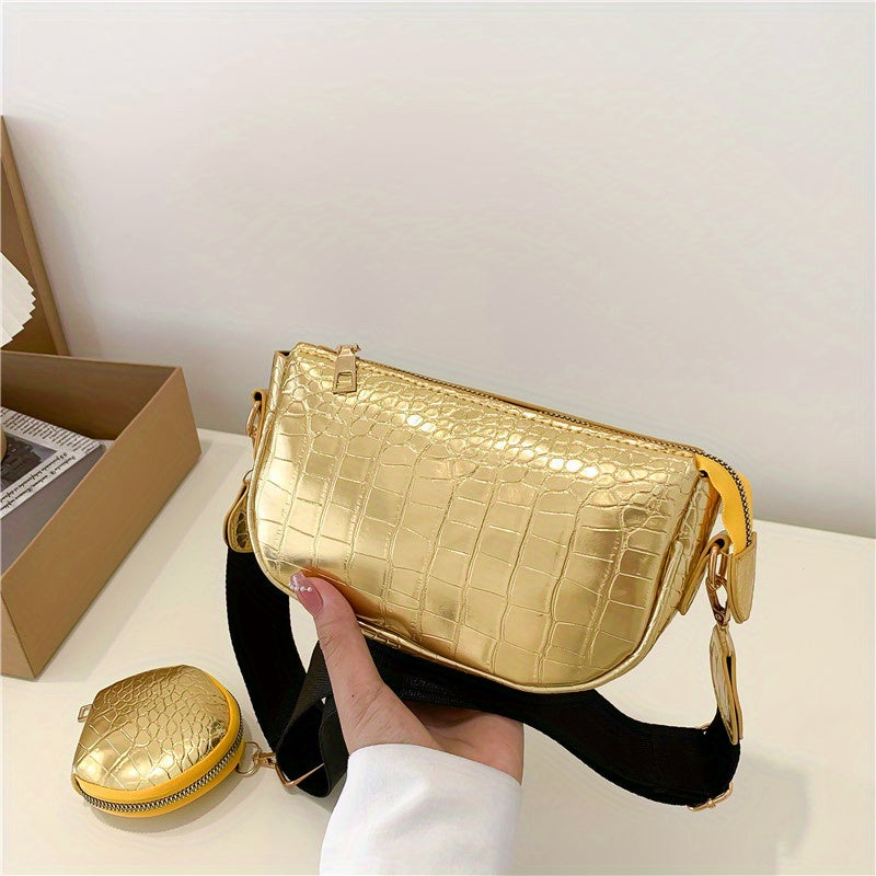Crocodile Embossed Shoulder Bag with Coin Bag - Stylish Crossbody Bag