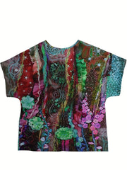  Floral Print Button Crew Neck Short Sleeve Blouse