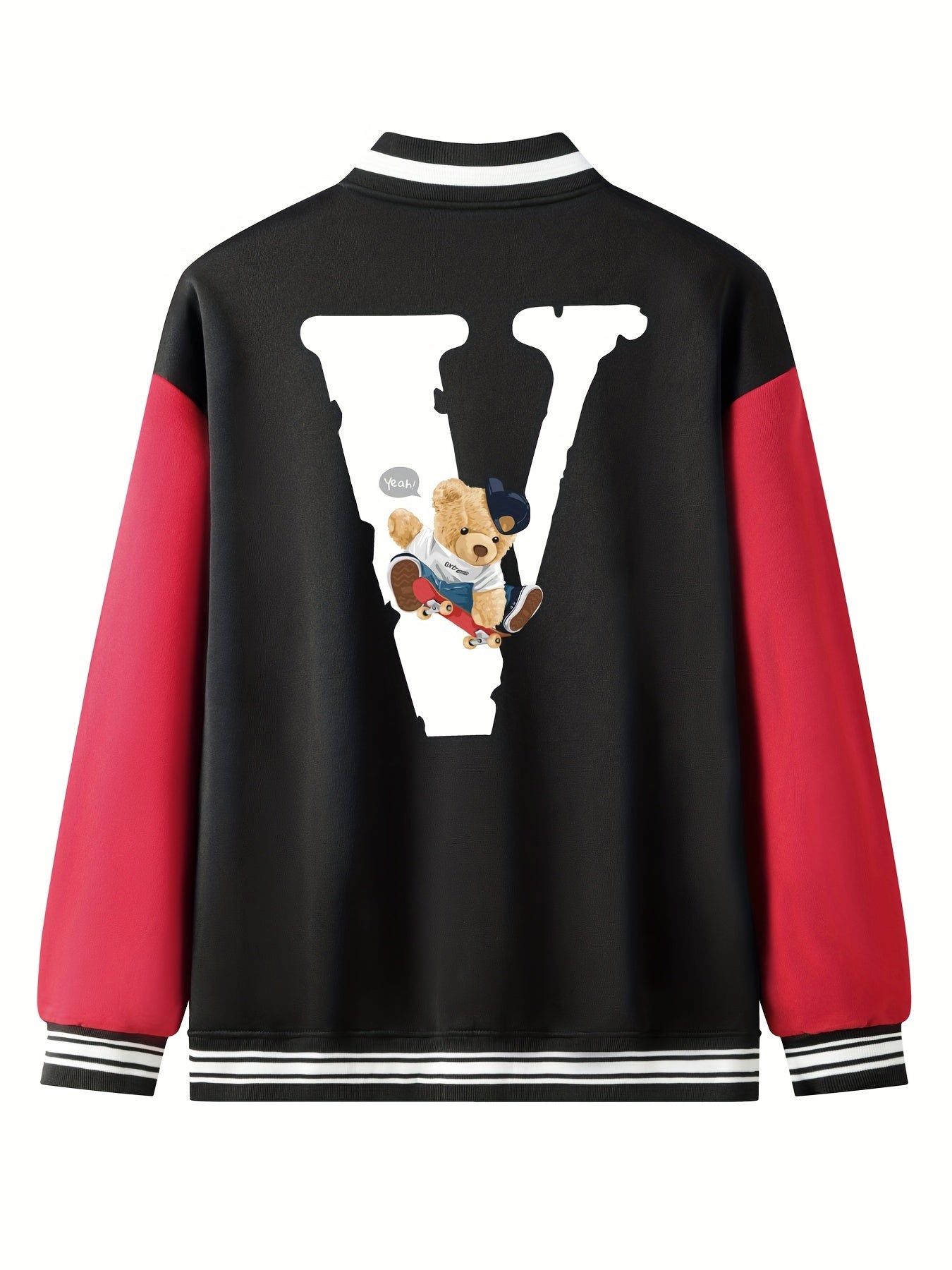 V Letter Print Teddy Bear Pattern Graphic Baseball Jacket Men's Clothes