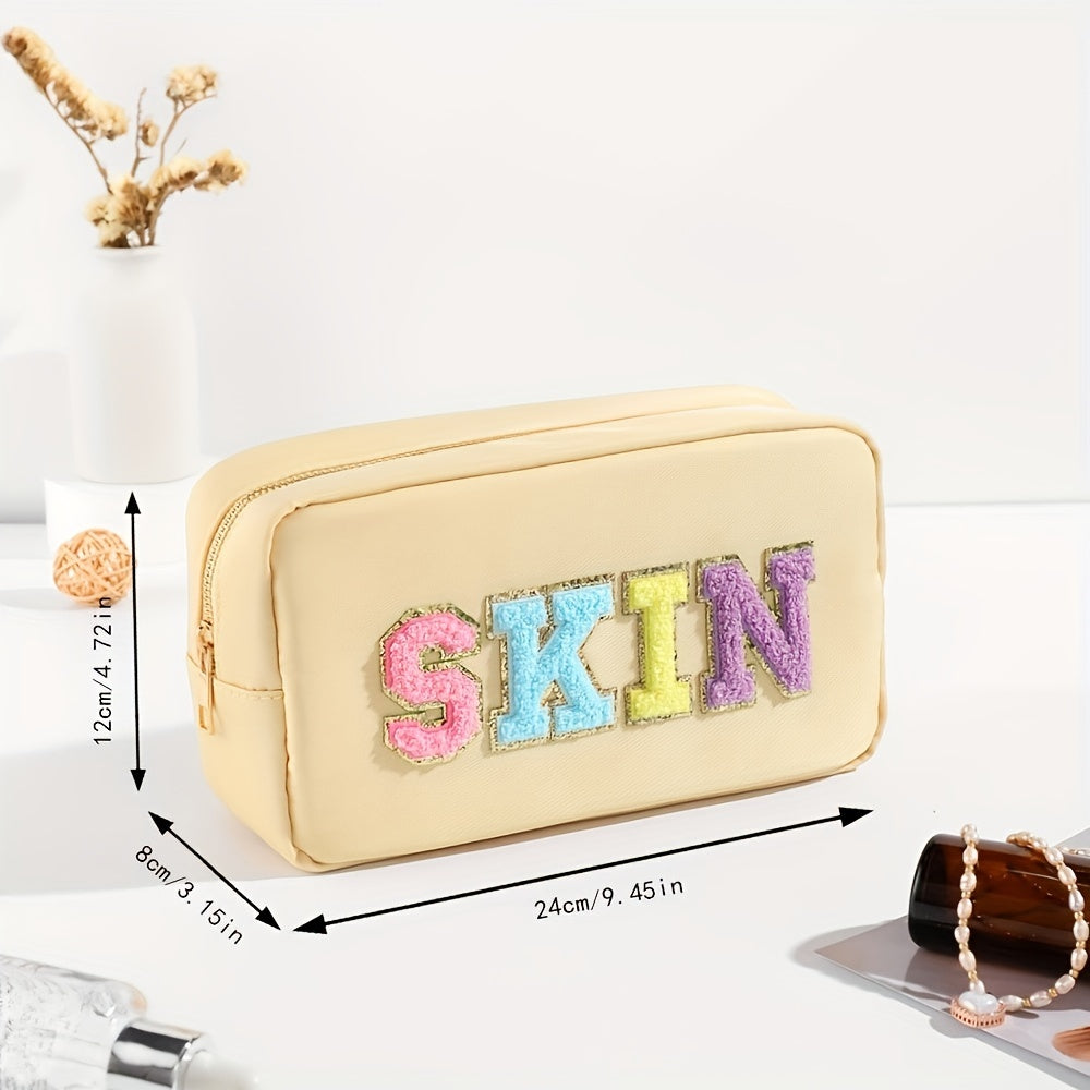 Plush Letter Print Zipper Makeup Pouch Portable Cosmetic Bag