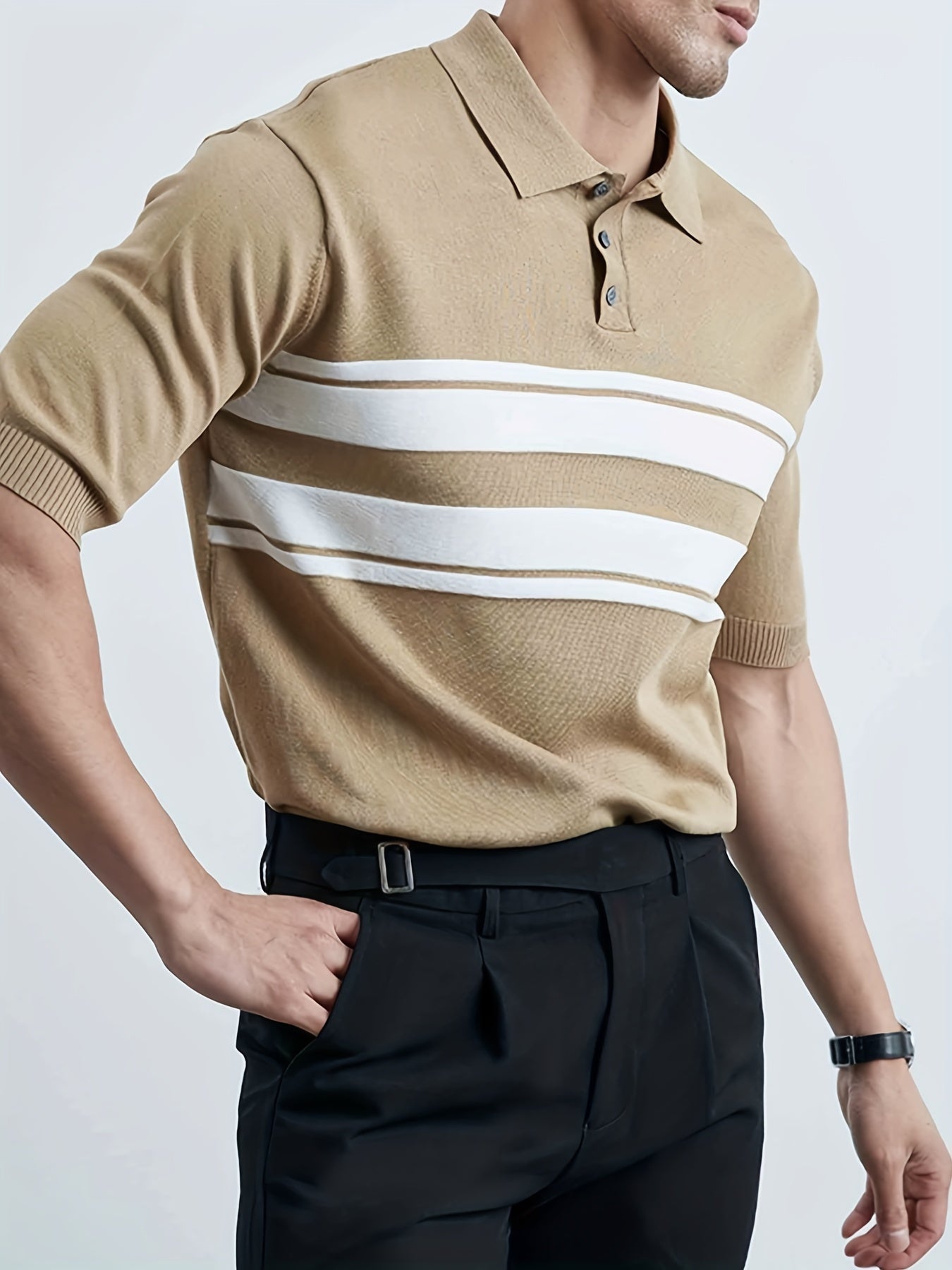 Striped Pattern Knit Short Sleeves Polo Shirt Men's Casual Lapel High Stretch