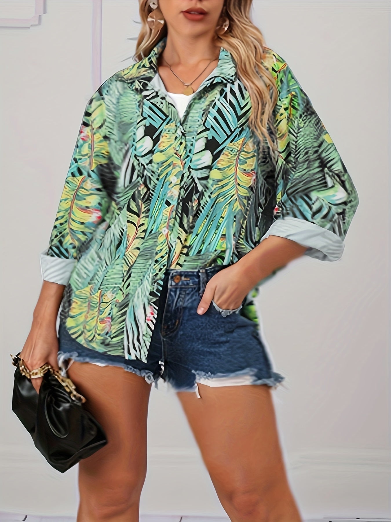  Tropical Print Blouse Long Sleeve Button Up Top