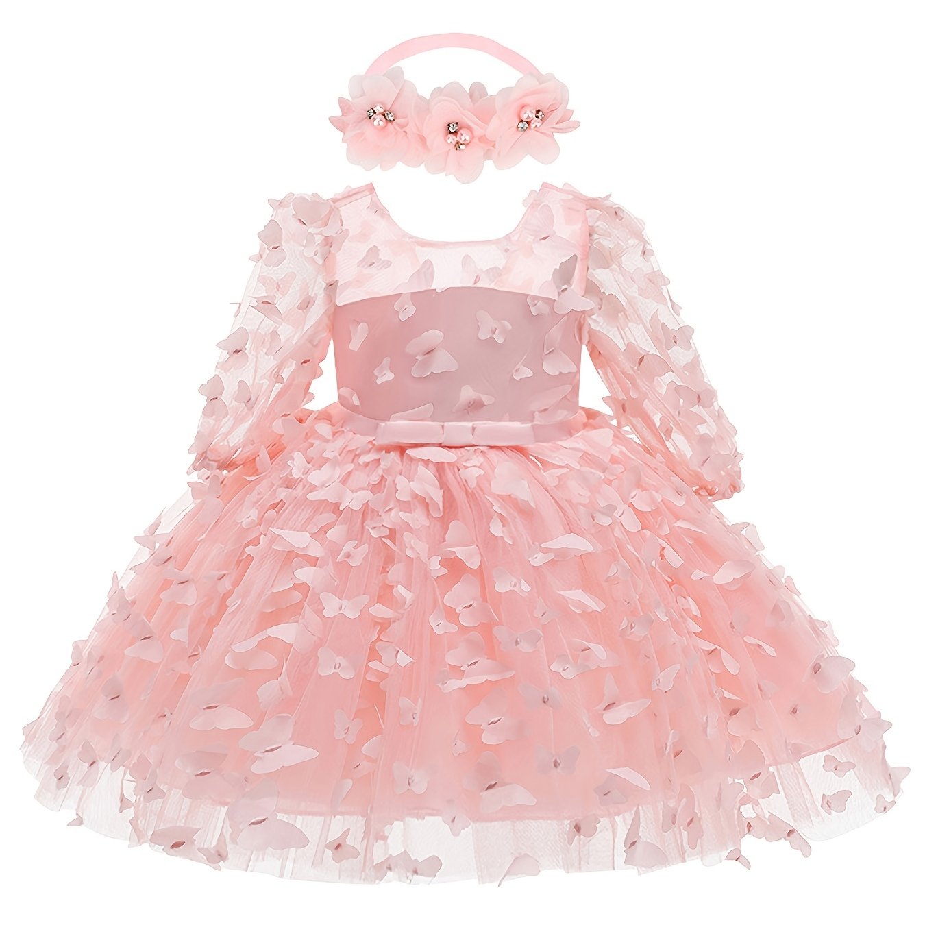 2pcs Baby Girls Butterfly Mesh Long Sleeve Dress & Headband Set