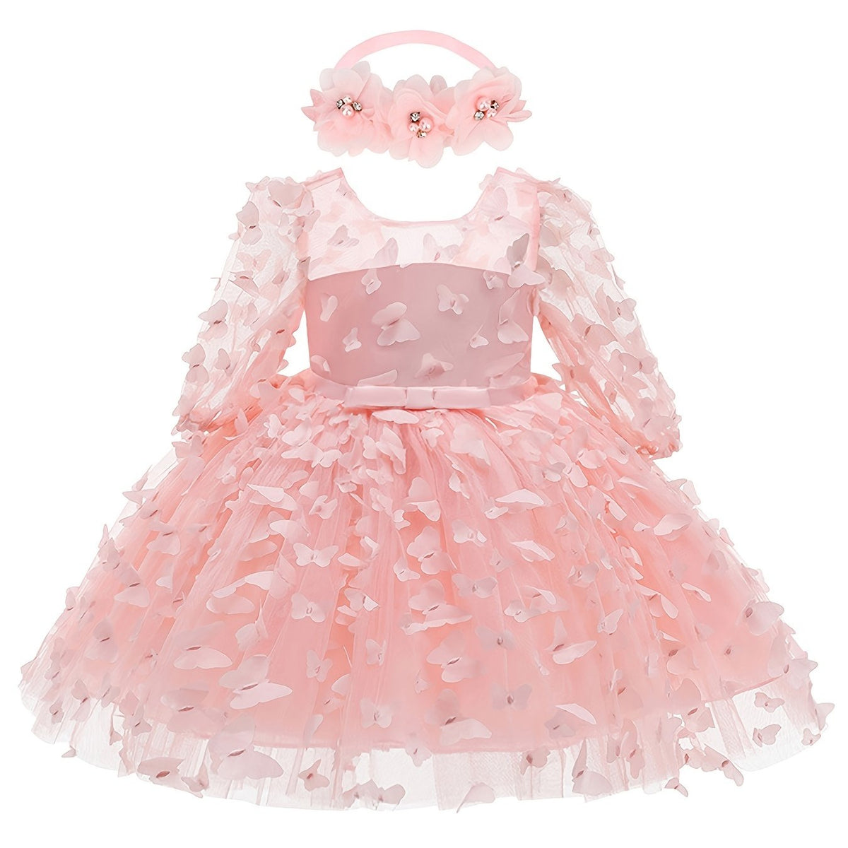 2pcs Baby Girls Butterfly Mesh Long Sleeve Dress & Headband Set
