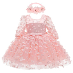 2pcs Baby Girls Butterfly Mesh Long Sleeve Dress & Headband Set