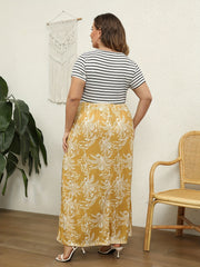  Women's Stripe & Tropical Print Round Neck Dress
