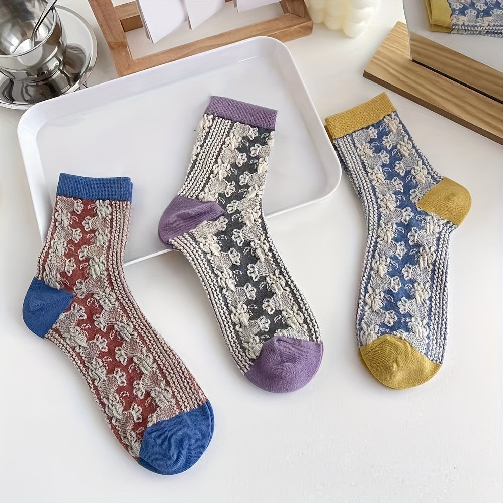 5 Pairs Floral Print Socks Retro Style Colorblock Stockings