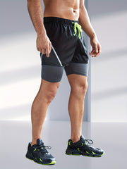 Men's 2 In 1 Running Shorts Phone Pocket Drawstring Sport Shorts