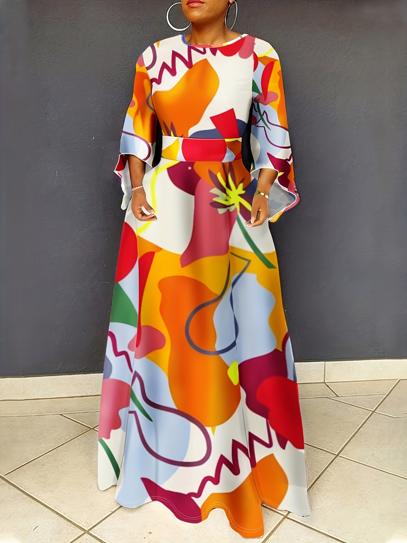  Colorblock Graffiti Print Bell Sleeve Maxi Dress