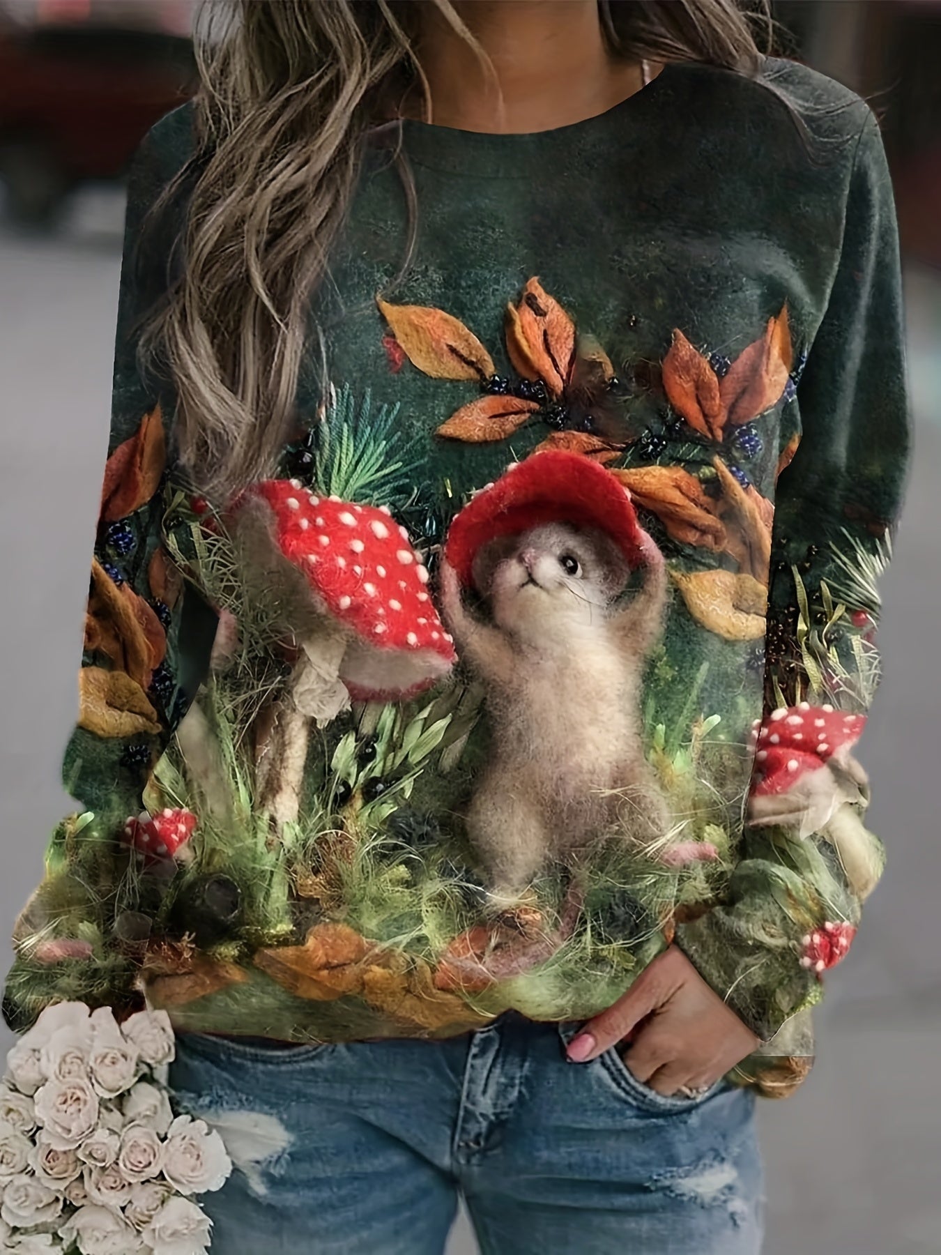 Animal Print Crew Neck Sweatshirt for Women