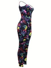Graffiti Print Cut Out Jumpsuit Sexy Spaghetti Strap Sleeveless Jumpsuit