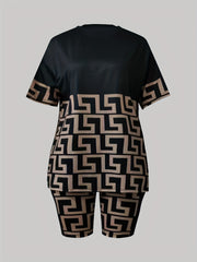 Greek Print Casual Two piece Set Crew Neck Short Sleeve T shirt & Slim Shorts