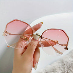 Round Rimless Sunglasses Ombre Lens Metal Temple UV400