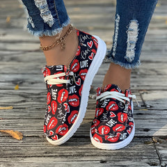 Love Print Boat Shoes Lightweight Low Canvas Shoes For Women