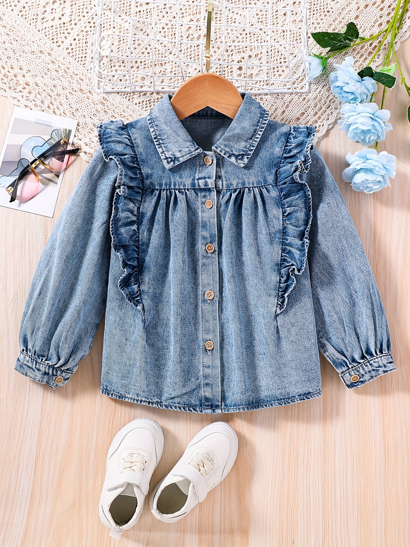 Girls Ruffle Trim Denim Jacket Top for Street Going Out