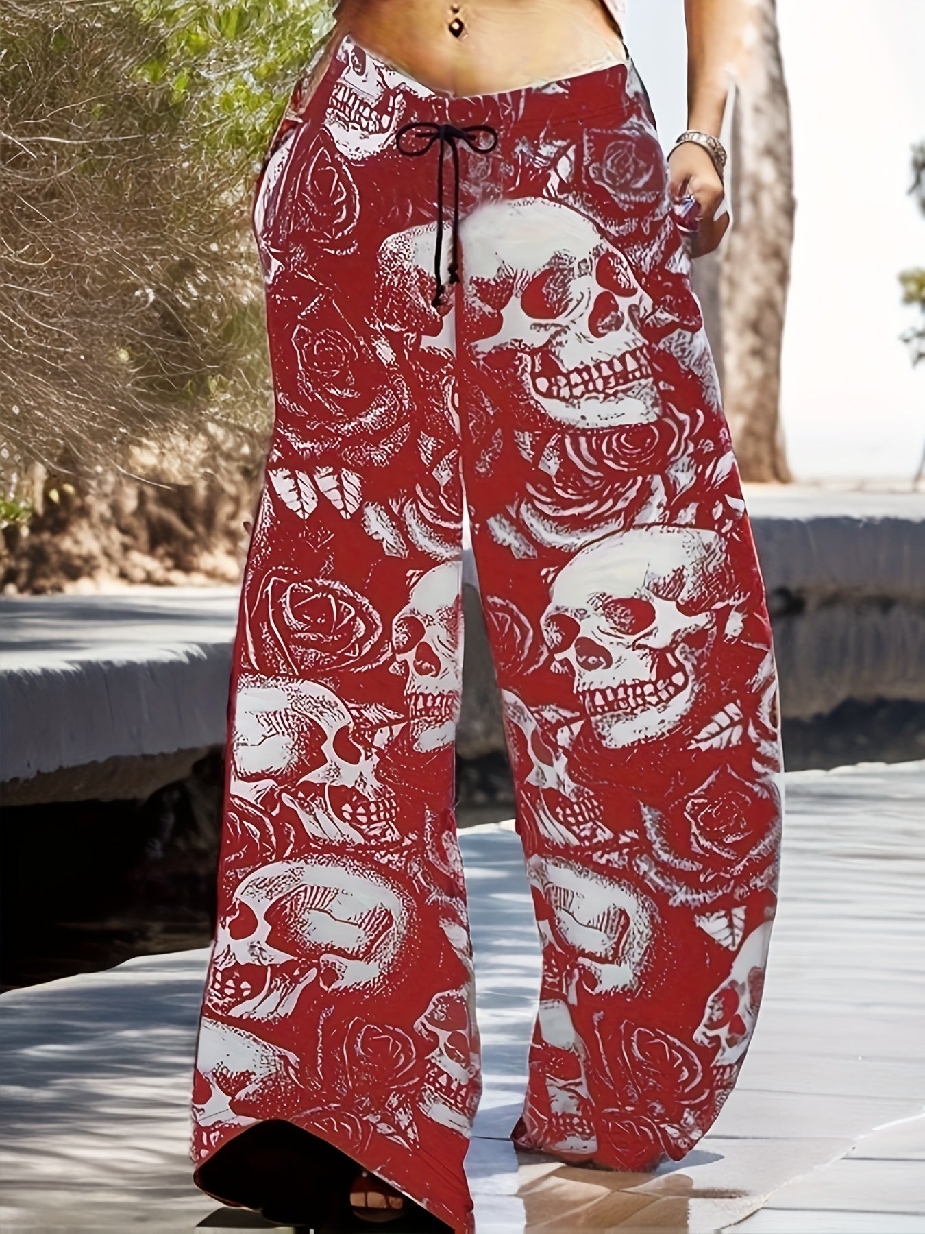  Halloween Skull Print Wide Leg Pants