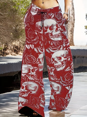  Halloween Skull Print Wide Leg Pants