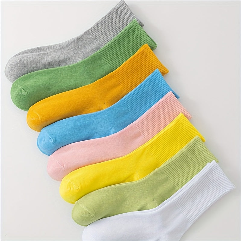 8 Pairs Breathable Mid Tube Women's Socks Solid Comfy Stockings & Hosiery