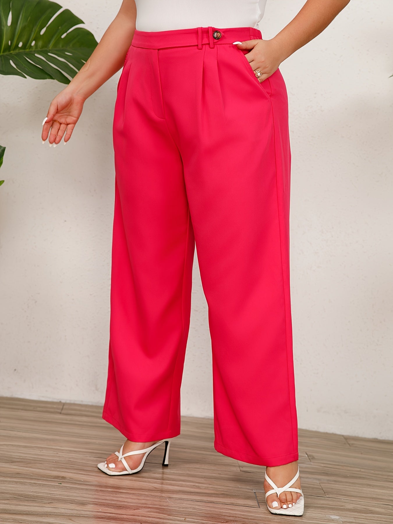  Solid Elastic High Rise Wide Leg Trousers