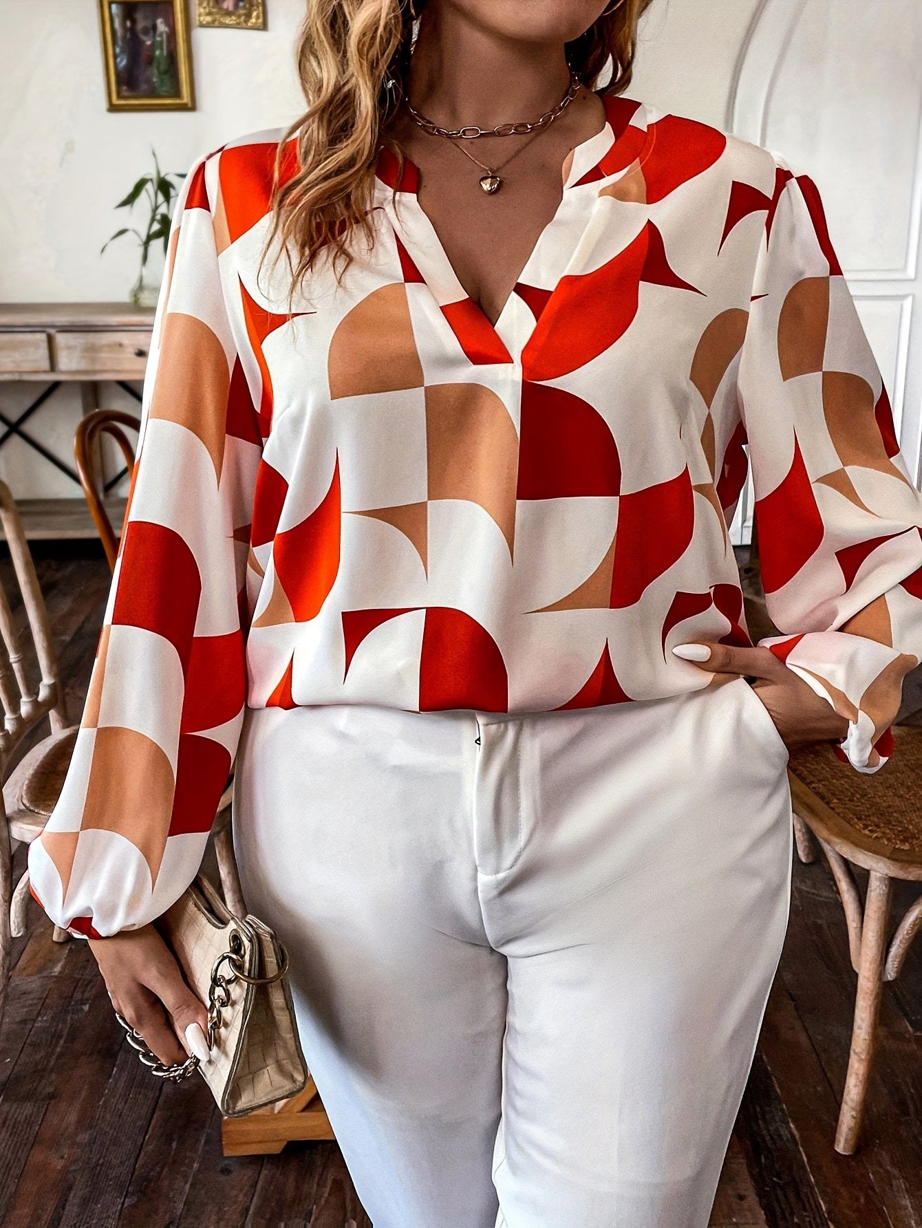  Casual Blouse Women's Plus Colorblock Geometric Print V Neck Blouse