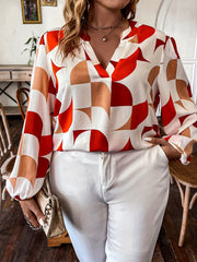  Casual Blouse Women's Plus Colorblock Geometric Print V Neck Blouse