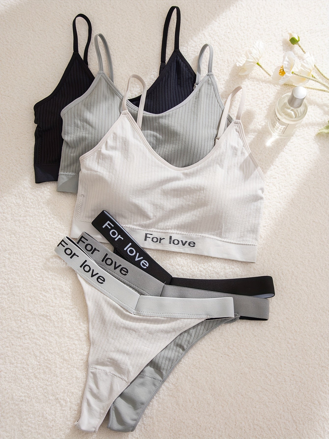 3 Sets Push Up Bra & Elastic Thongs Lingerie Set