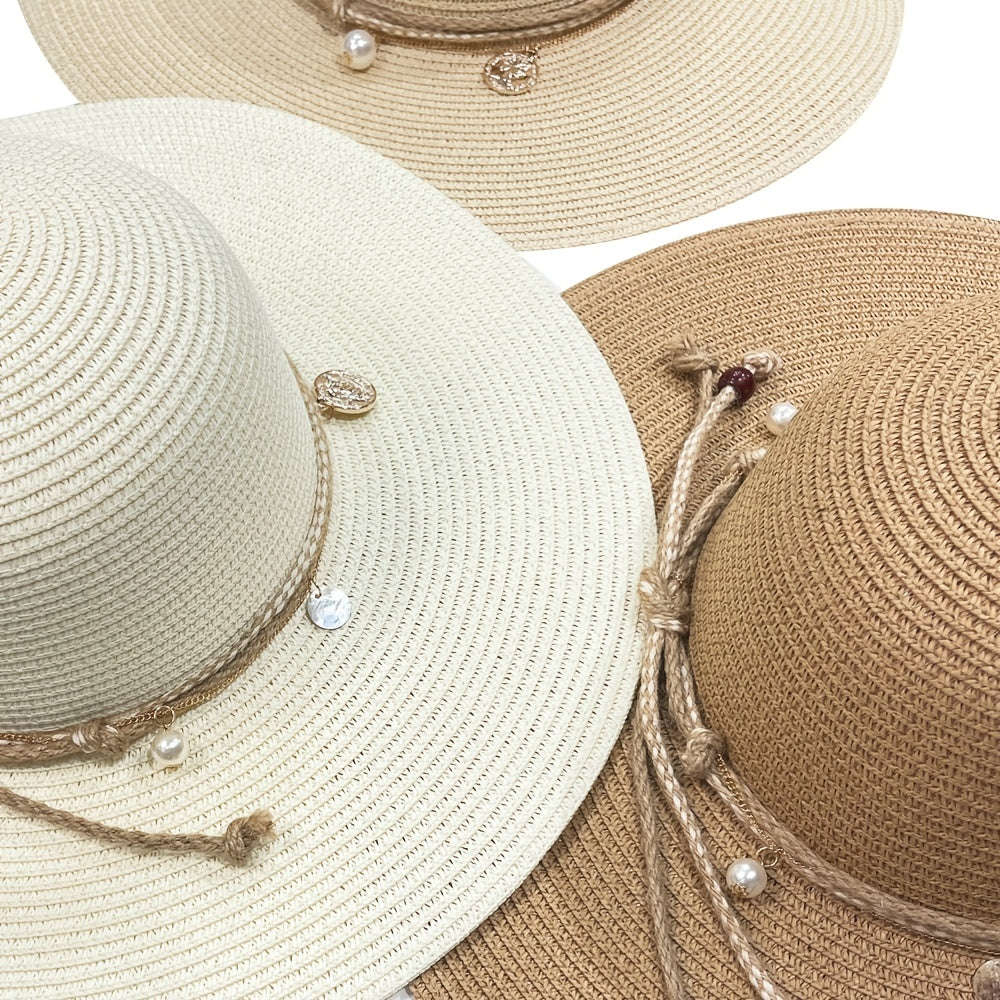 Boho Sun Hat Beads Solid Straw Foldable Travel Beach Hat