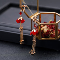 Red Flowers Headband Hairpins Clip Earring Set Chinese Style Bridal Wedding
