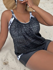 Colorblock Leaf Print Tankini Set