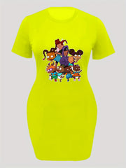  Casual Dress Women's Plus Cartoon Figure Print Short Sleeve