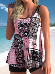  Boho Tankini Set Paisley Scarf Print Round Neck Cami & Shorts Swimsuit