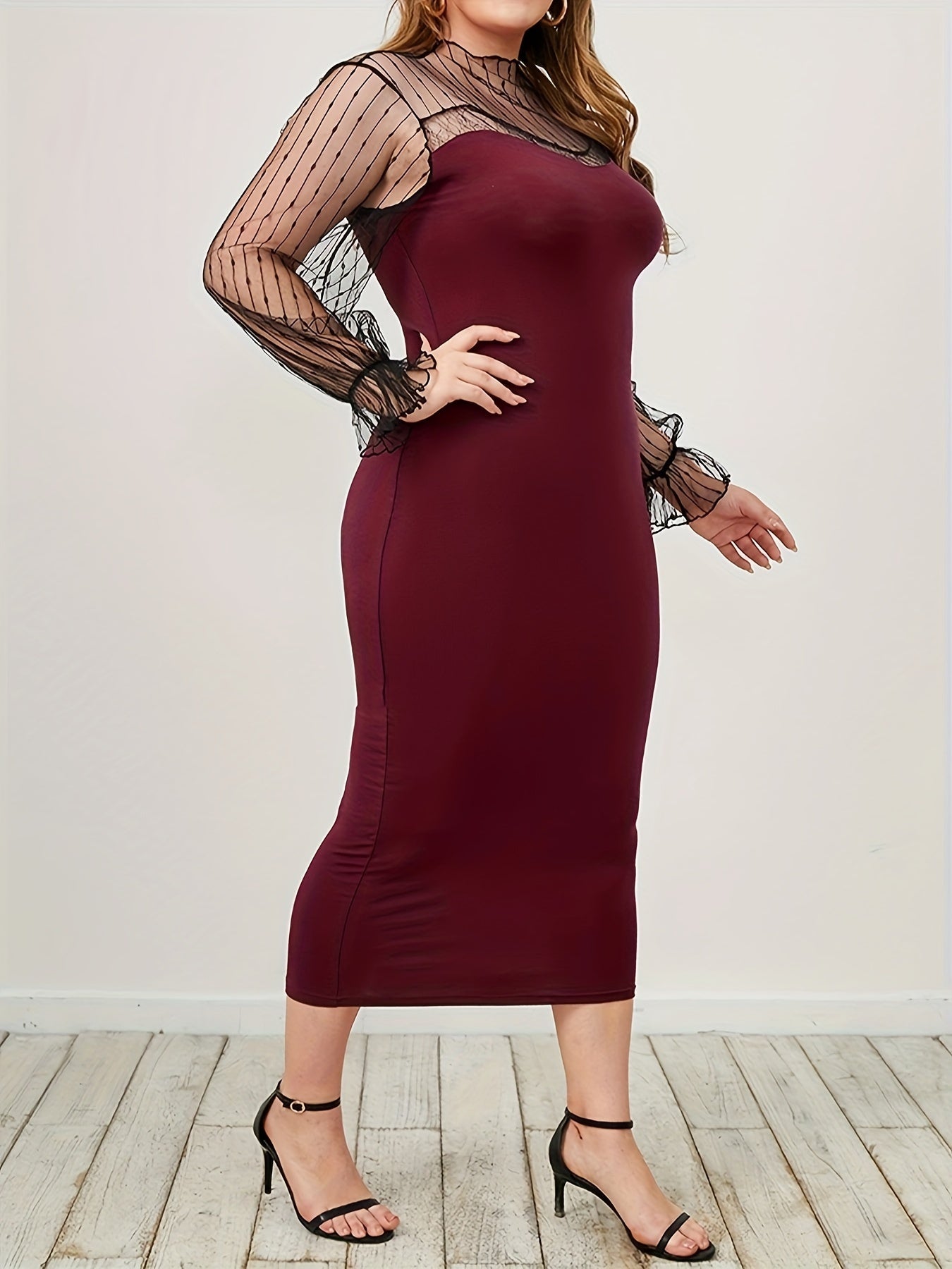  Women's Colorblock Mesh Sleeve Slim Fit Dress