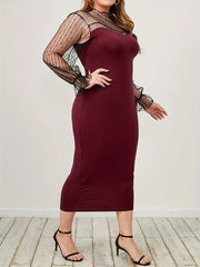  Women's Colorblock Mesh Sleeve Slim Fit Dress