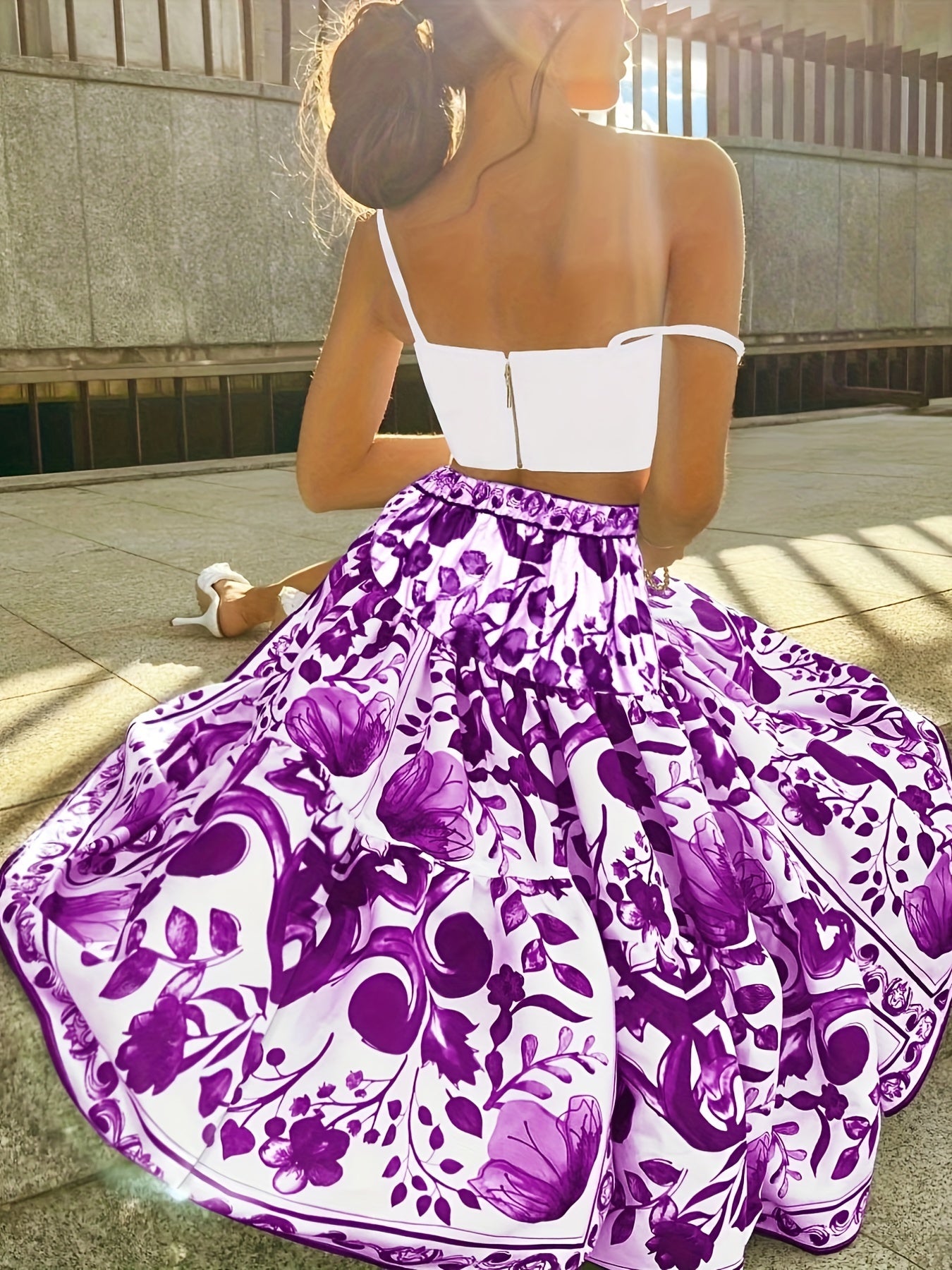 Plus Floral Print Elastic High Rise Smock Maxi Skirt