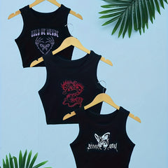 Graphic Print Tank Top 3 Pack Sexy Slim Crew Neck Summer Sleeveless Top Women's