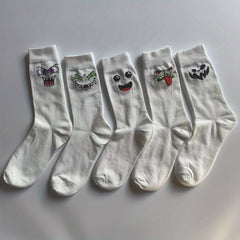 5 Pairs Cartoon Eyes Print Socks Women's Mid Tube Stockings