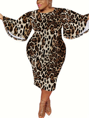  Leopard Print Bell Sleeve Round Neck Dress