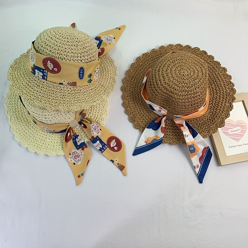 Kids Lace Ribbon Straw Hat for Girls Summer Vacation Beach Sun Hat