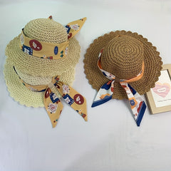 Kids Lace Ribbon Straw Hat for Girls Summer Vacation Beach Sun Hat